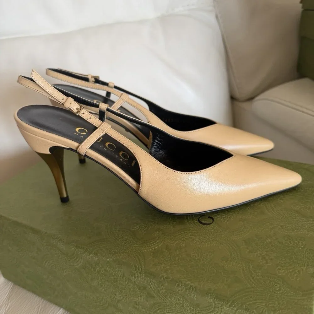 NEW Gucci Metal Heel Slingback Pumps Sz 37.5 100% Authentic Nude - Picture 7 of 10